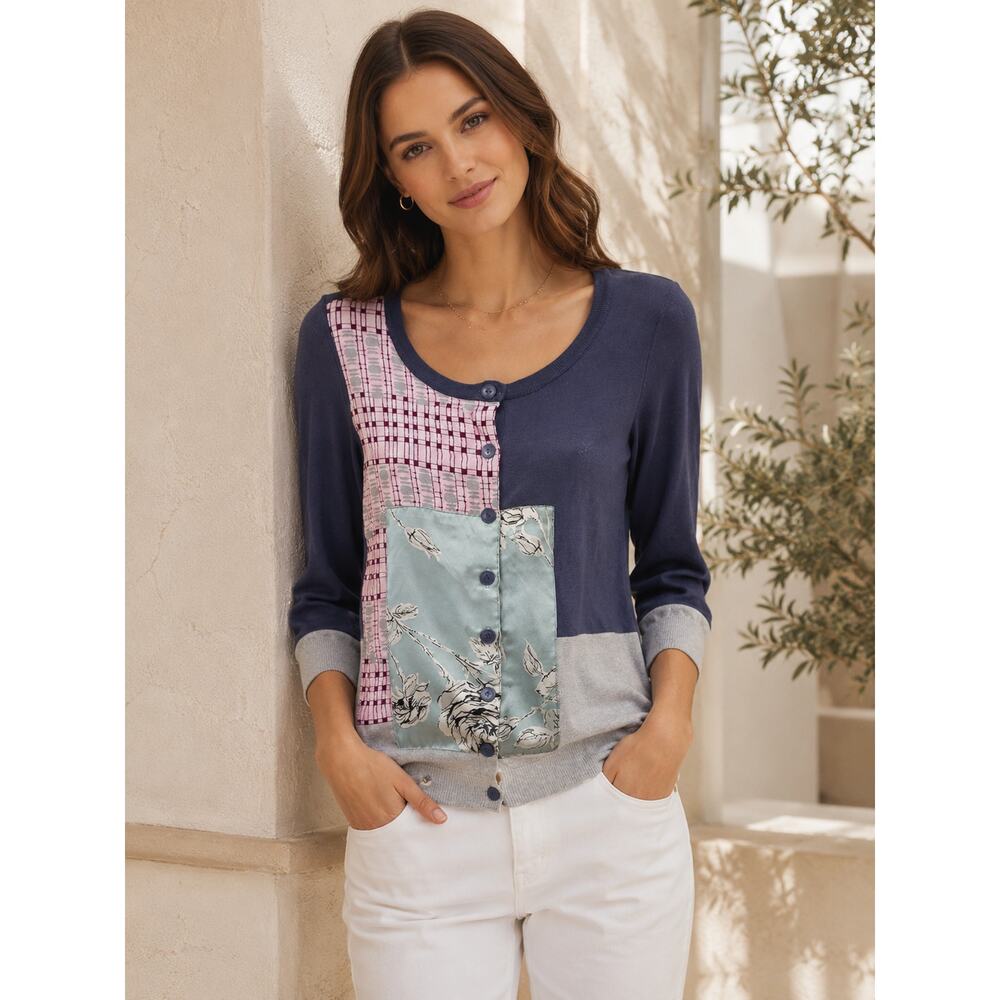 ANTHROPOLOGIE GUINEVERE Charmeuse Splice Cardigan Floral Patchwork Silk Panel XS